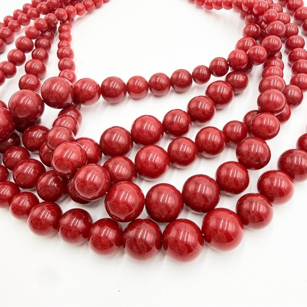 Vintage Red Beaded Multi Strand Statement Necklace Bold Chunky Bib - Picture 3 of 7